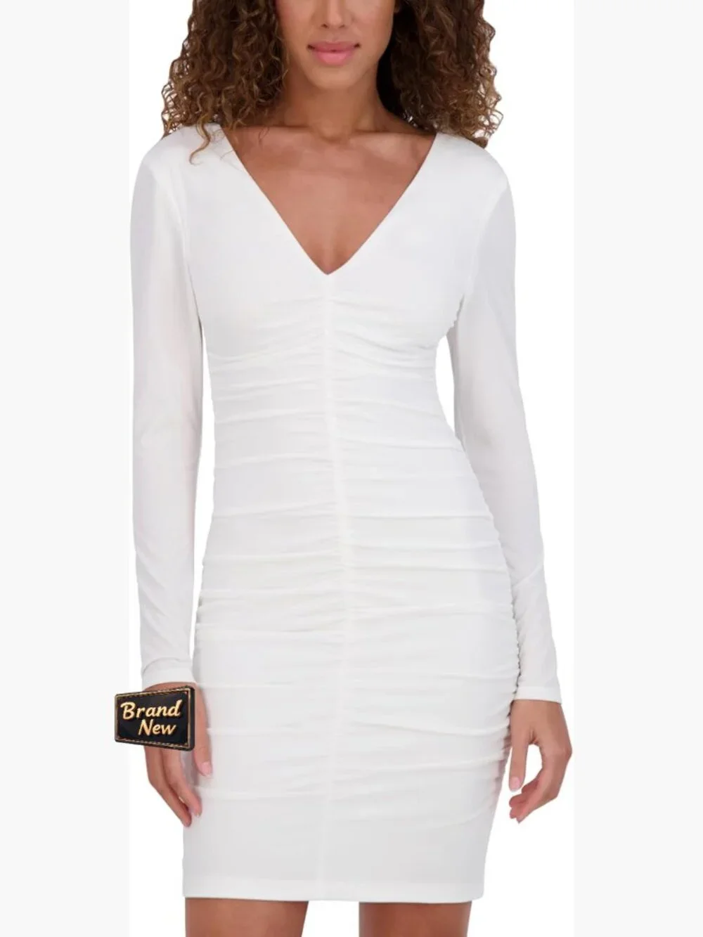 Long Sleeve V-Neck Ruched Bodycon Mini Dress